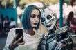 © Kemedo - Couple of young woman and humanoid robot taking a selfie with a mobile phone during a fair in the city, punk style. Concept of relationships between human and robots, generative ai image.
