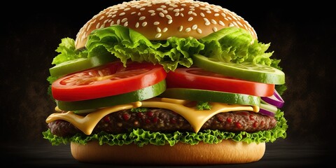 Wall Mural - Burger with beef, veggies, and french fries, seen from the side. Generative AI