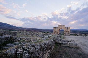 Sticker - Beautiful sunset landscape. The ancient antique roman city Volubilis in Morocco, Africa.