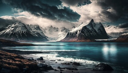 Wall Mural - Wintertime sea and mountain scenery is stunning against the foggy sky. Generative AI