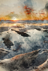 Wall Mural - Digital watercolour painting of Stunning Summer sunset landscape image of Widemouth Bay in Devon England with golden hour light on beach