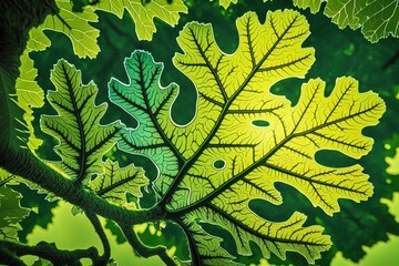Wall Mural - in the spring, as the weather starts to warm up, the oak trees' green leaves have a beautiful struct