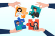 © Art of Ngu - Business people team succeed solve jigsaw puzzle, collaboration work together to solve problem, teamwork together to achieve success, connected people, community help finding solution concept (Vector)