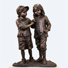 A Sculpted Statue Of Two Children, A Boy And A Girl, Stands In A Garden. - Generative Ai