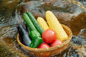 清流とザルに入れた夏野菜