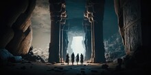Close Up Movie Still Of A Group Of Explorers Finding Ancient Abandoned Temple Inside A Huge Cavern. Generative AI AIG16.