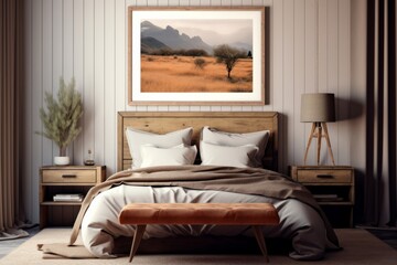 Wall Mural - Rustic Charm: A Bedroom Frame Mockup with a Countryside Vibe, Generative AI.