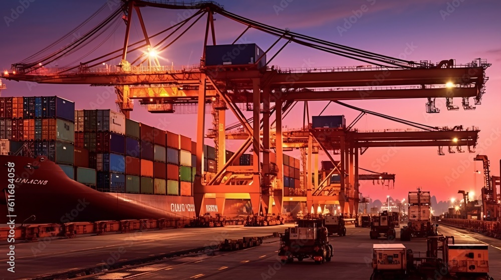 Crane lifting heavy cargo into a shipping container at a bustling port ...