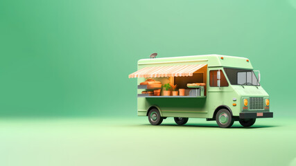 Food truck isolated on green background, takeaway food and drinks van mock up, 3d style. AI Generated.