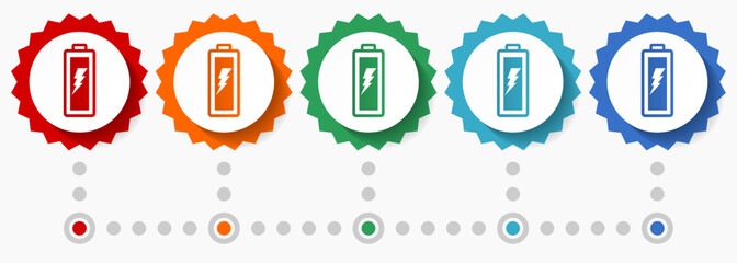 Poster - Battery vector icon set, colorful infographic template, set of flat design badge icons in 5 color options