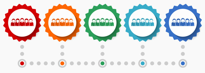 Aufkleber - Group of people vector icon set, colorful infographic template, set of flat design badge icons in 5 color options