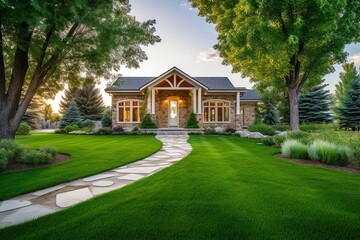 New luxury home with lush backyard, walkway to a ornate porch.