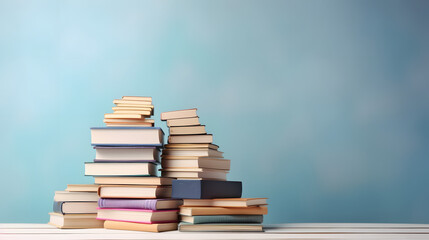 Wall Mural - Many books on a wooden table and a pastel blue background. back to school. Education.