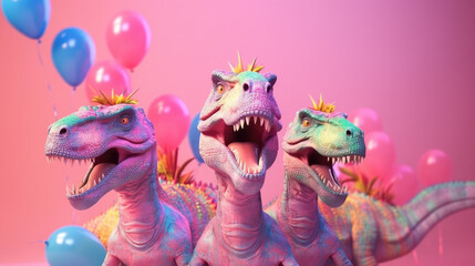 Illustrated dinosaurs party concept, small cute dinosaurs with birthday balloons having fun, on pastel pink background. Party animal. Illustration, Generative AI.