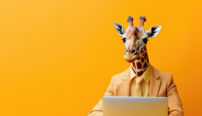 Illustration of giraffe dressed as a businessman using laptop. Copy space. Generative AI.