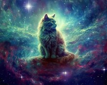 Art Cat In Space . Dreamlike Background With Cat . Hand Drawn Style Illustration . Beautiful Cat In Outer Space  Generative AI