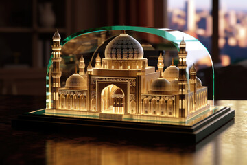 Sacred Miniature: Mosque Enclosed in Glass Display on a Table