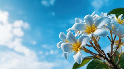 Wall Mural - White frangipani flower against a blue sky. Generative AI.