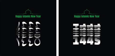 Wall Mural - Happy Islamic New Hijri Year 1445 with Arabic number, green mosque silhouette isolated on black background. Passing from 1444 into New Year 1445 Hijriyah Flip Text Effect.