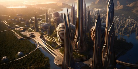 Wall Mural - futuristic high-tech city with advanced infrastructure, science fiction cityscape, fictional landsca