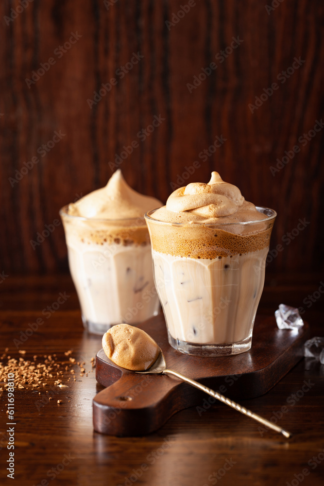 dalgona coffee in glass. trendy Instant coffee whipped with sugar and hot water