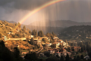 Sticker - rainbow over the town. Generative AI image.