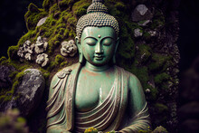 Buddha Stone Statue In Green Zen Environment, Generative Ai.