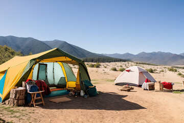 tourist camp in the mountains, tent in the foreground. generative ai.