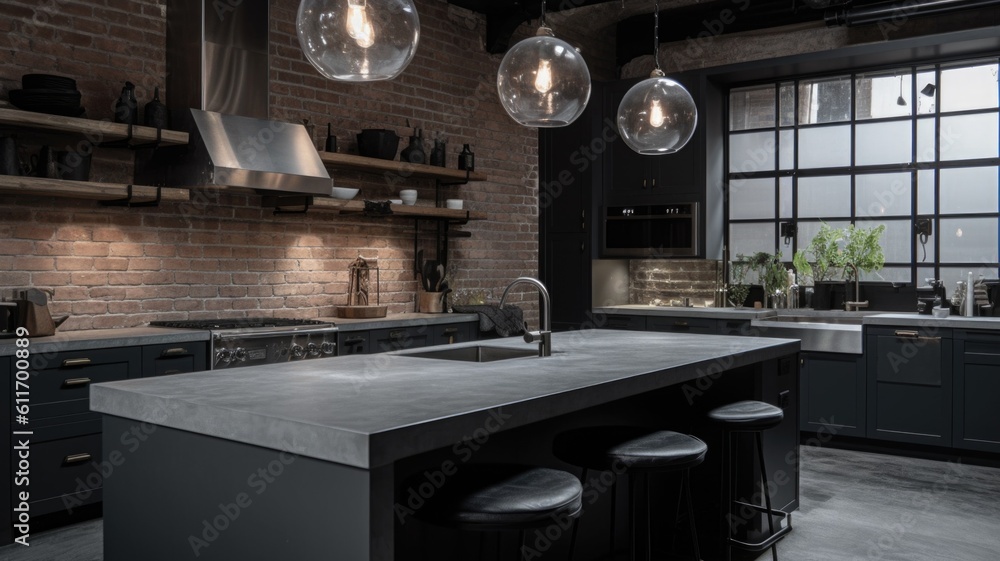 Interior design of Kitchen in Industrial style with Exposed Brick Wall ...