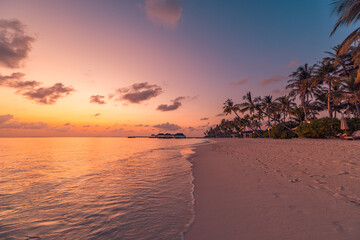 Fantastic closeup view of calm sea water waves with orange sunrise sunset sunlight. Tropical island beach landscape, exotic shore coast. Summer vacation, holiday amazing nature scenic. Relax paradise