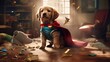 A mischievous puppy wearing a superhero cape and striking a heroic pose, with a pile of scattered chewed-up shoes in the background - Generative ai