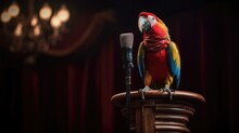 A Parrot Perched On A Mini Podium, Holding A Tiny Microphone, Seemingly Engaged In A Hilarious Stand-up Comedy Routine - Generative Ai