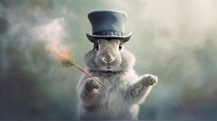 A fluffy bunny wearing a top hat and holding a magician's wand, as it appears to perform a magic trick with a disappearing carrot - Generative ai