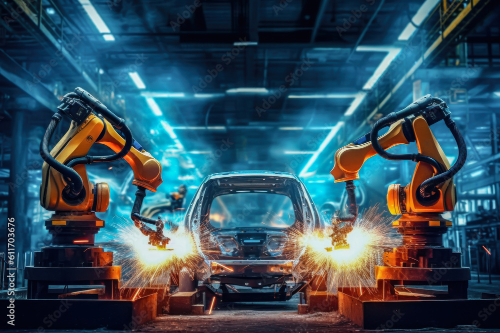 Assembly line and car assembly line with robots welding car steel in a ...