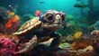 © Filip - A curious turtle wearing a tiny snorkel and goggles, exploring a mini underwater world with seashells and colorful fish decorations - Generative ai