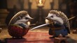 A pair of playful hedgehogs wearing tiny crowns, reenacting a medieval jousting tournament with mini lances and shields in a castle-themed scene - Generative ai
