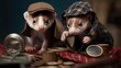 A pair of mischievous ferrets wearing tiny detective hats, peering through a magnifying glass at a 'mystery' pile of socks - Generative ai