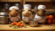 A trio of cute guinea pigs wearing chef hats, collaborating in a mini kitchen as they 'cook' tiny meals with miniature pots and pans - Generative ai