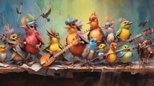 A Group Of Small Birds Dressed As Musicians, Forming A Feathered Band With Each Bird Playing A Different Musical Instrument, Against A Backdrop Of Colorful Musical Notes - Generative Ai
