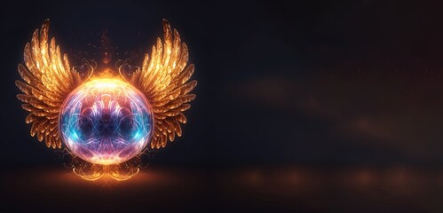 Wall Mural - spiritual orb with wings of love, cosmic magical sphere glowing on dark background. concept. fantady