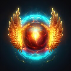 Wall Mural - spiritual orb with wings of love, cosmic magical sphere glowing on dark background. concept. fantady