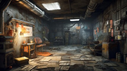 Wall Mural - Post-apocalyptic underground bunker with armory and survival room. Generative AI.