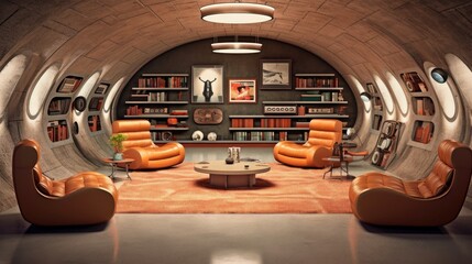 Wall Mural - Retro-futuristic underground bunker with entertainment center and lounge area. Generative AI.