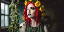 Portrait Of A Girl With A Red Hair And Yellow Rose Flower Crown. Generative AI Image.