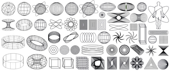3d Retro futuristic. Black trip elements on the white background. Acid rave concept. Trippy vibe shapes, dots, lines, abstract forms in vaporwave 80s and 90s.