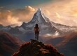 © olegganko - A man standing on rock on a mountain overlooking the clouds. Illustration AI Generative.