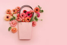 Top View Image Of Pink Flowers Composition Over Pastel Background