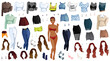 College Girl Paper Doll with Clothes, Shoes and Accessories. Vector Illustration