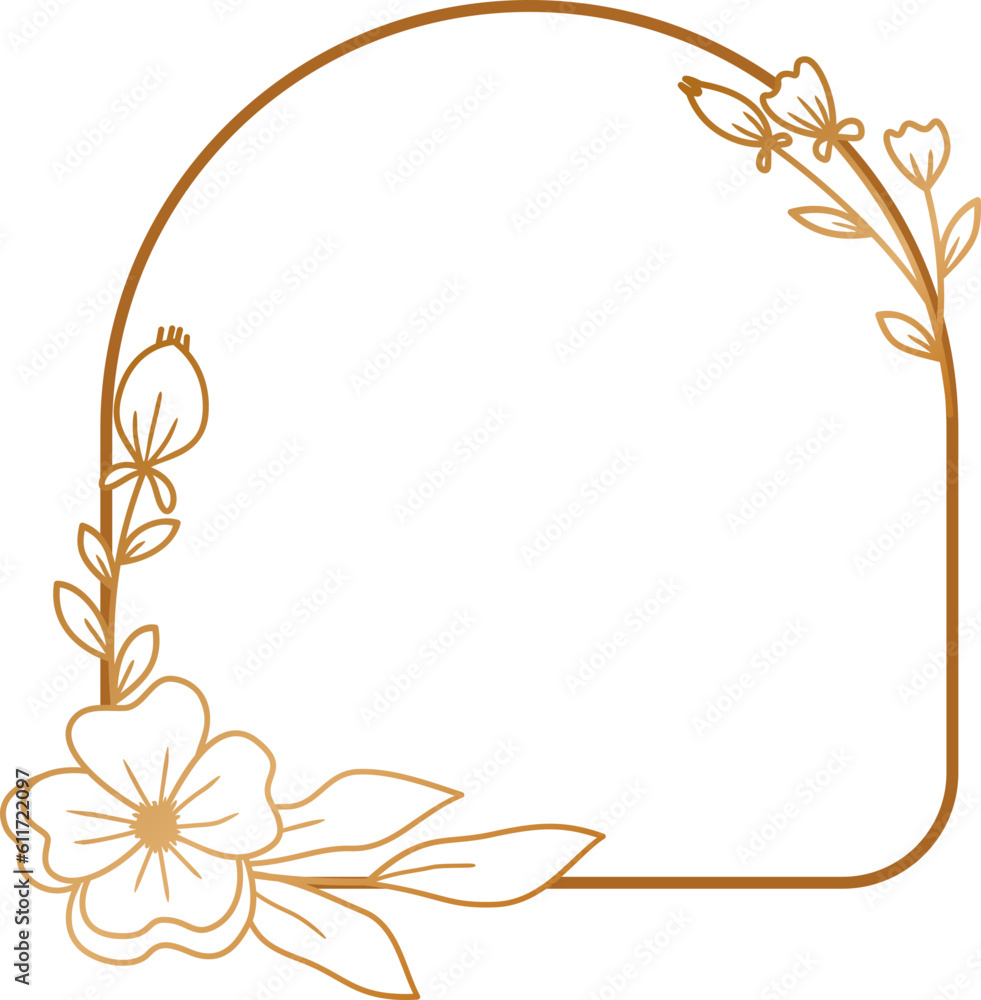 Elegant gold frame with flowers and leaves line art for wedding or ...