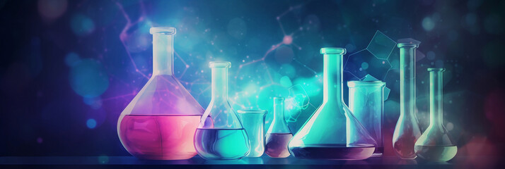 chemistry science research lab background with a glass flask and vial and a vibrant digital abstract